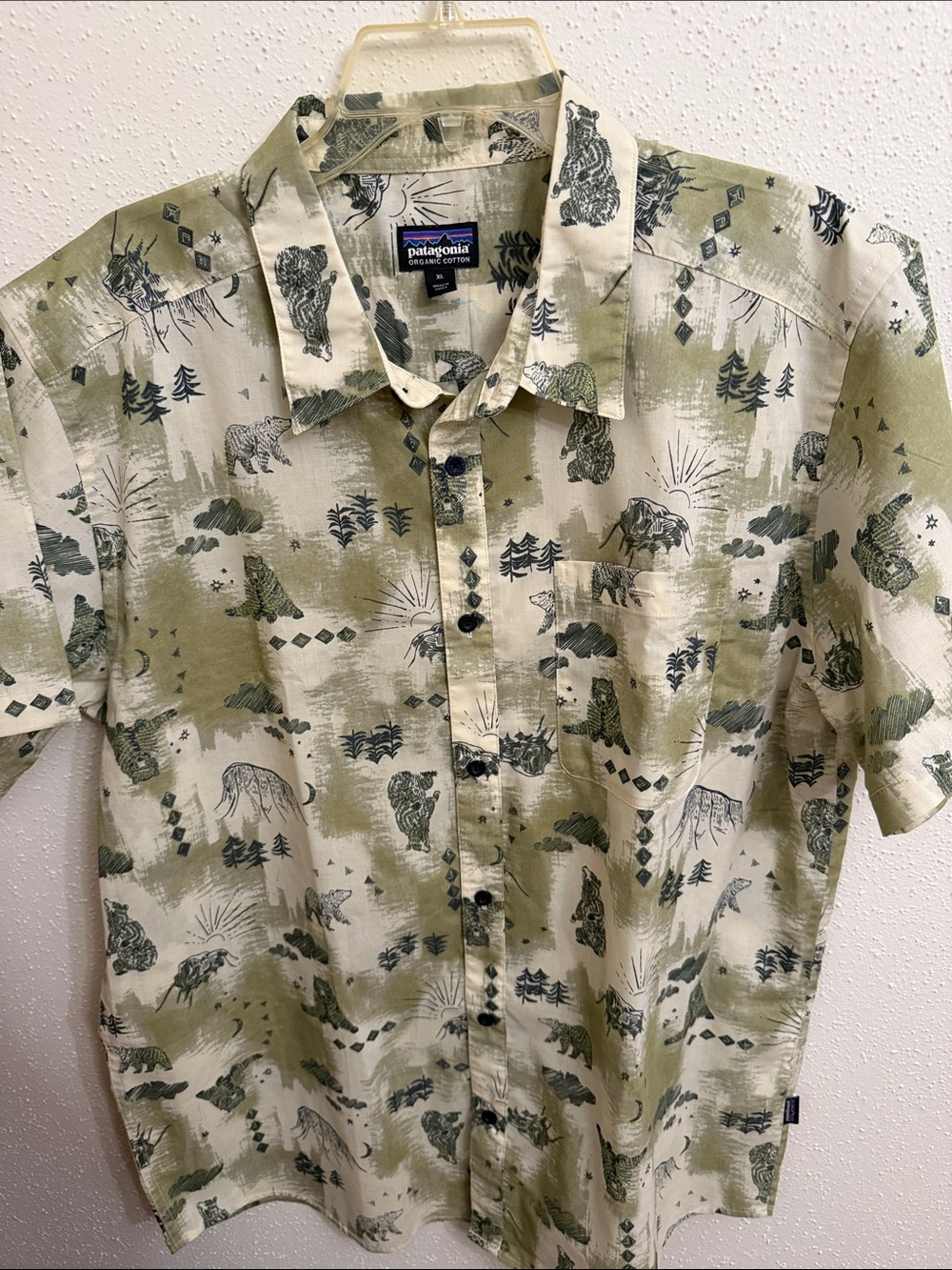 Patagonia Men’s Short-Sleeve Button-Down Shirt in Olive and Beige Print